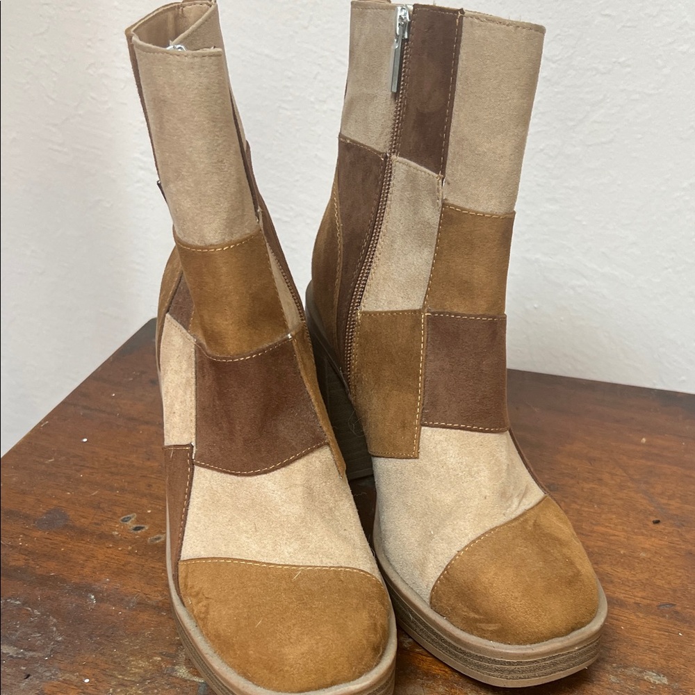 Stylish Patchwork Heeled Boots - Brown and Tan